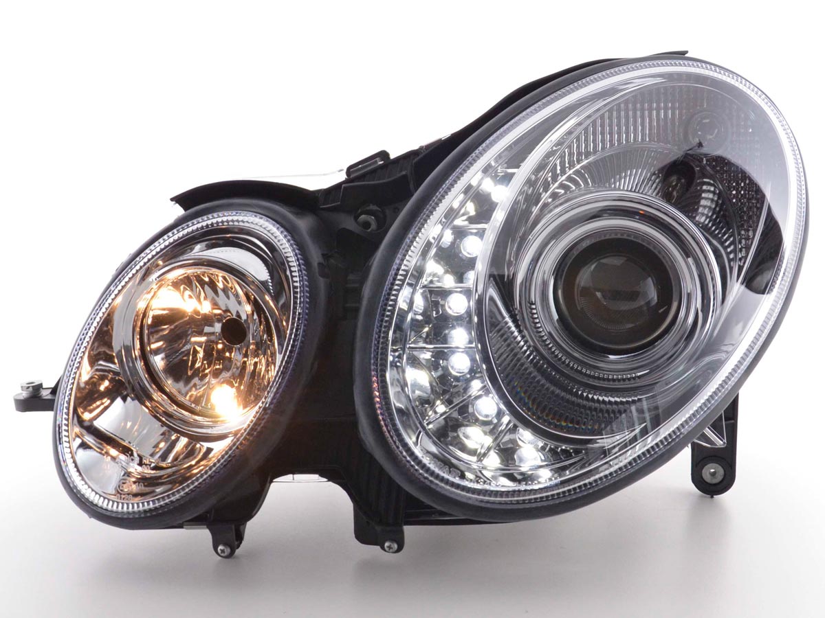 Scheinwerfer Set Daylight LED TFL-Optik Mercedes E-Klasse 211 02-06 chrom Scheinwerfer Set Daylight LED TFL-Optik Mercedes E-Klasse 211 02-06 chrom